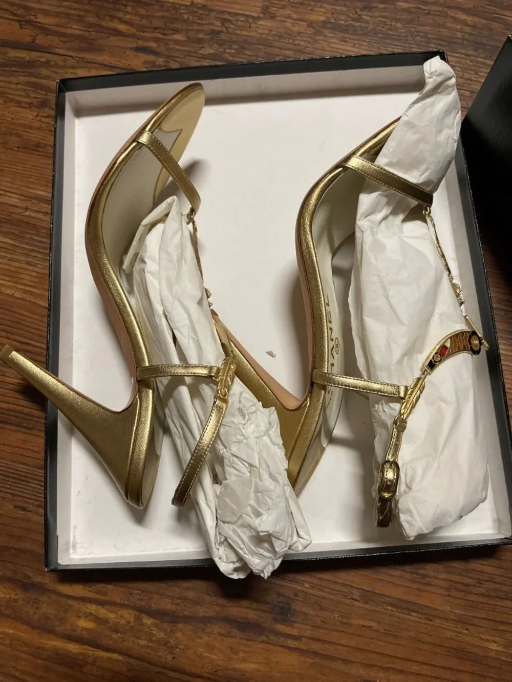 Chanel Gold Logo Charm Sandals with Pearl & Feathers, Ankle Strap, Size 41